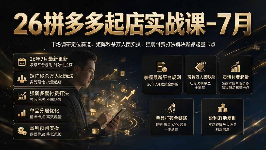 26拼多多起店实战课-7月|市场调研定位赛道,矩阵秒杀万人团实操,强弱付费打法解决新品起量卡点-网创项目总站