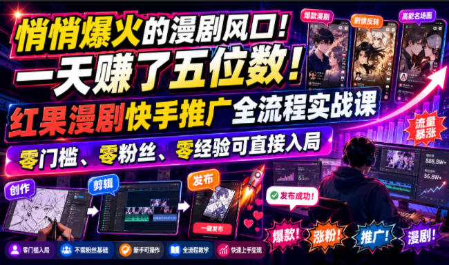 悄悄爆火的漫剧风口!一天賺了五位数!红果漫剧快手推广全流程实战课,零门槛、零粉丝、零经验可直接入局-网创项目总站