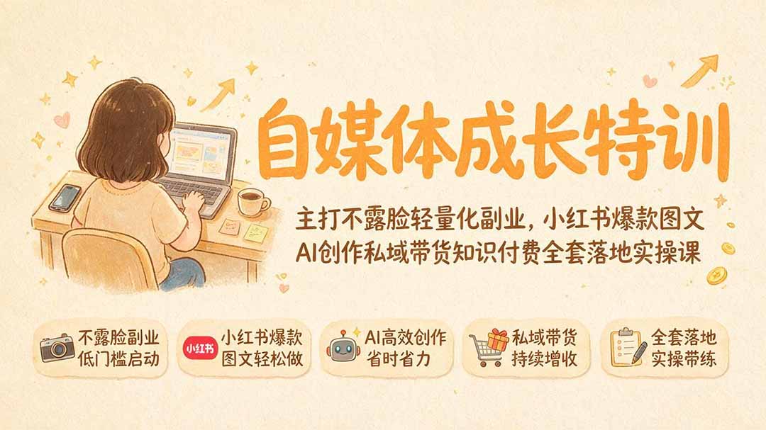 自媒体成长特训|主打不露脸轻量化副业,小红书爆款图文AI创作私域带货知识付费全套落地实操课-网创项目总站