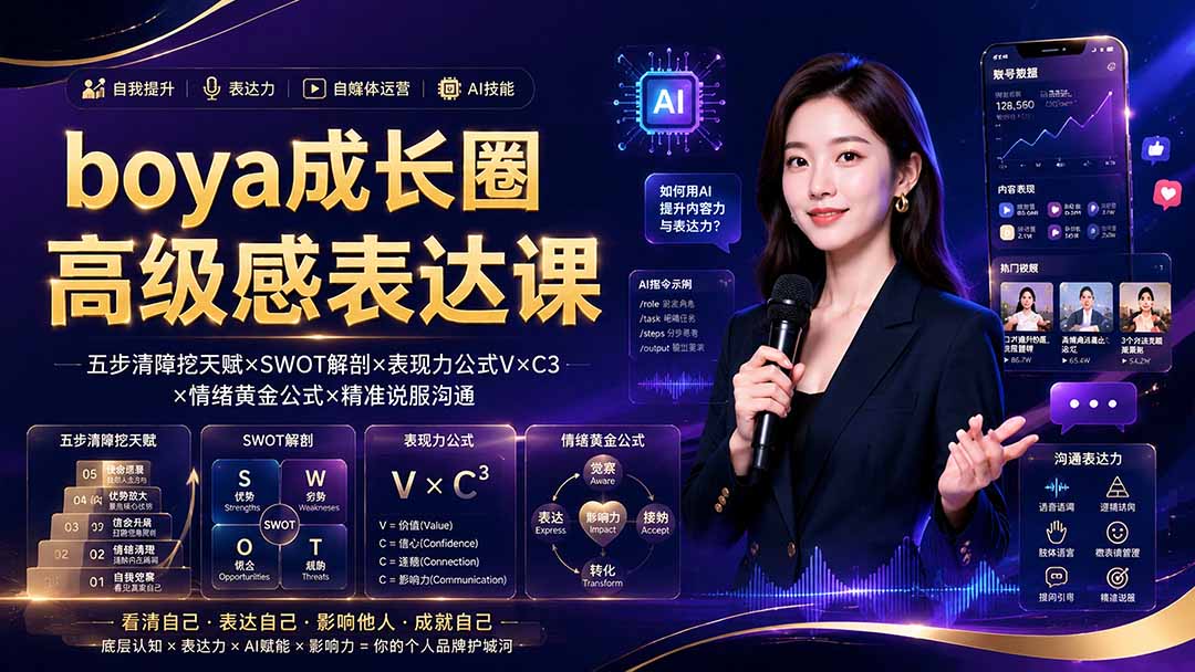 boya成长圈|内心成长高级表达AI自媒体三合一,消解内耗挖掘天赋,镜头沟通AI指令短视频全流程教学-网创项目总站