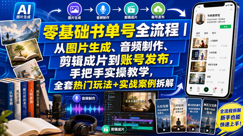 零基础书单号全流程|从图片生成、音频制作、剪辑成片到账号发布,手把手实操教学,全套热门玩法+实战案例拆解-网创项目总站