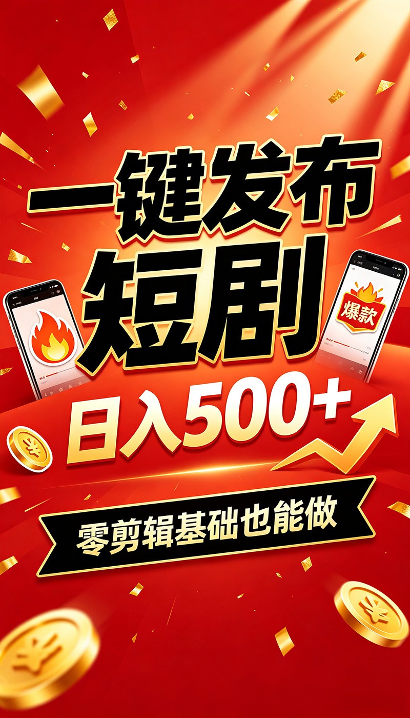 快手短剧一键发布，不用剪辑操作简单，副业日入500+。空闲时间轻松赚收益-网创项目总站