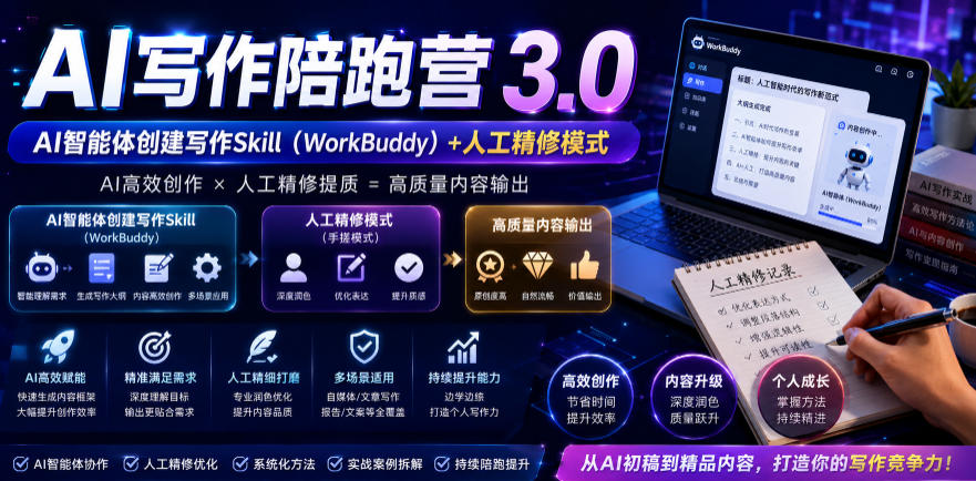 AI写作陪跑营3.0，Ai智能体创建写作skill(workbuddy)+人工手写模式(手搓模式)，去除AI痕迹(头条号、公众号、百家号)(更新0730)-网创项目总站