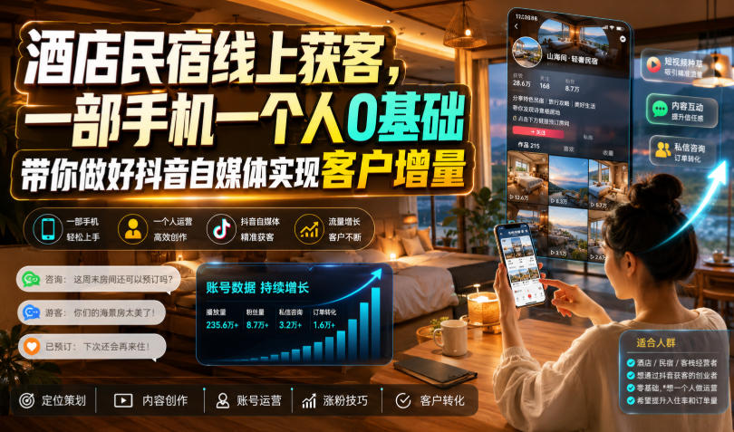酒店民宿线上获客，一部手机一个人0基础带你做好抖音自媒体实现客户增量-网创项目总站