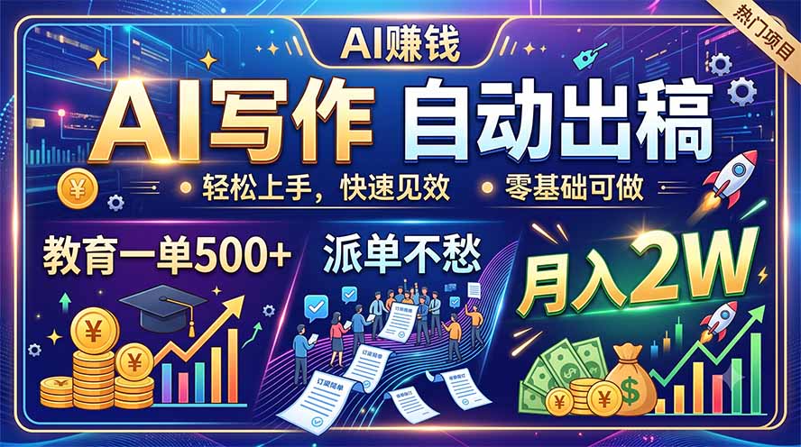 AI写作自动出稿，教育一单500+，派单不愁，月入2W-网创项目总站