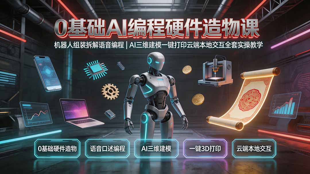 0基础AI编程硬件造物课｜机器人组装拆解语音编程，AI三维建模一键打印云端本地交互全套实操教学-网创项目总站