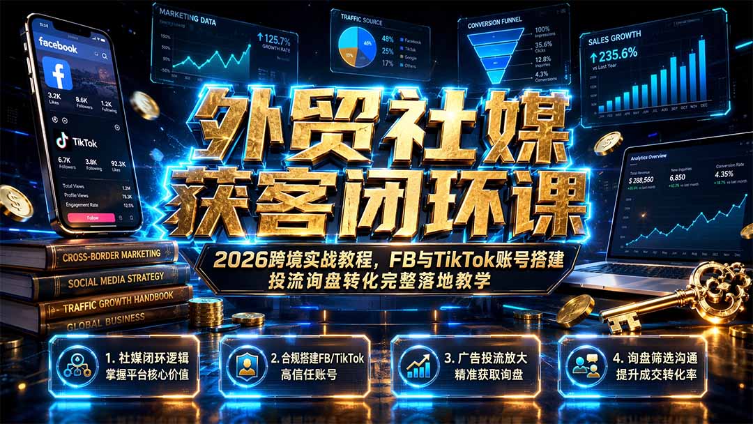 外贸社媒获客闭环课｜2026跨境实战教程，FB与TikTok账号搭建投流询盘转化完整落地教学-网创项目总站