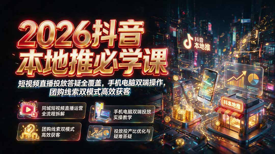 2026抖音本地推必学课｜短视频直播投放答疑全覆盖，手机电脑双端操作，团购线索双模式高效获客-网创项目总站