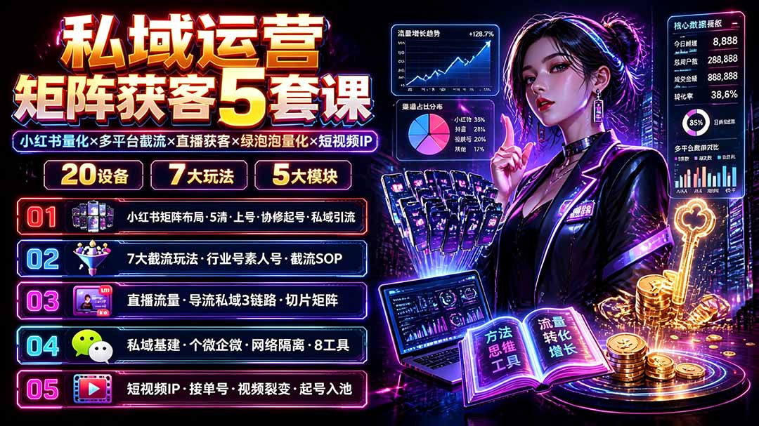 私域运营矩阵获客5套课：小红书量化×多平台截流×直播获客×绿泡泡量化×短视频IP×20设备×7大玩法-网创项目总站
